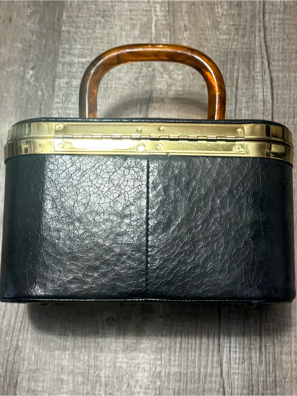 Vintage Black Train Case with Tortoiseshell Handle and Gold Trim - Picture 2 of 6